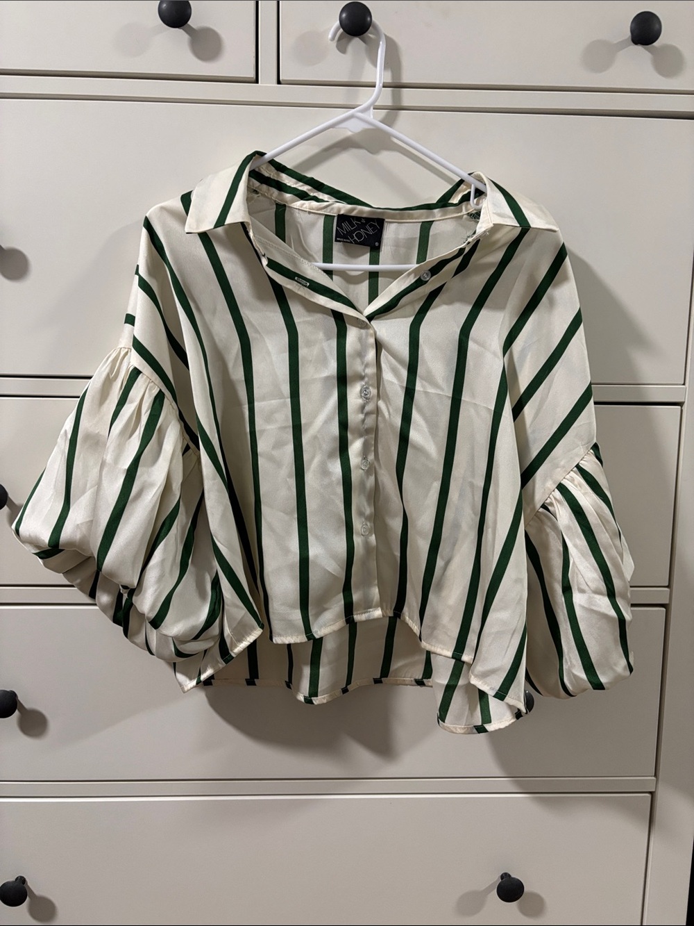 Women's Cream Button-Down Top with Green Stripes and Balloon Sleeves
